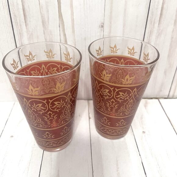 Vintage Kiss That Frog Gold Fleur De Lis Tumblers Cranberry Red Barware Set of 2